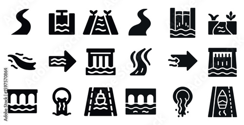 Water management solid icons set – filled, irrigation and flood control symbols