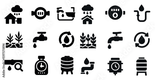 Water conservation solid icons set – flat, filled, sustainability, environment symbols
