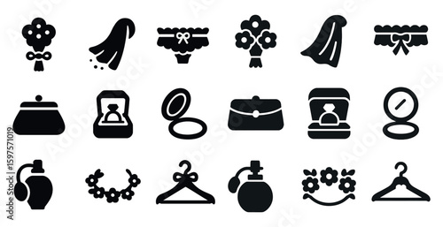 Wedding and celebration solid icons set – filled, bridal, event symbols