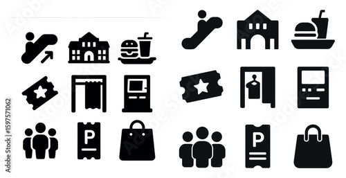 Shopping and entertainment solid icons set – silhouette, ticket, retail and leisure symbols