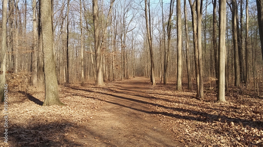 A sunlit dirt path winds through a winter forest A sunlit dirt path winds through a winter forest