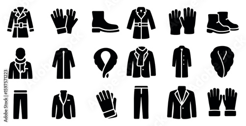 Winter clothing solid icons set – filled, silhouette, apparel and fashion symbols