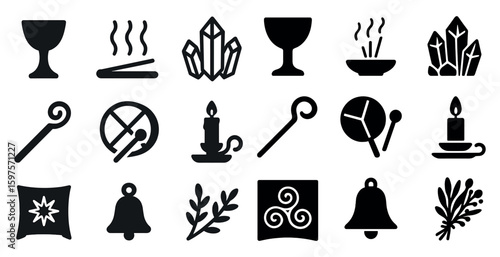 Spiritual and relaxation silhouette icons set – zen, meditation, tranquility symbols