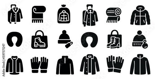Winter clothing silhouette icons set – solid, filled, cozy and warm apparel