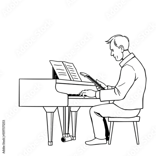 A pianist flipping pages after performing a concerto