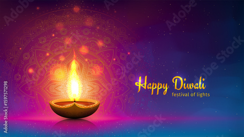 Happy diwali vector greeting card. Festive diwali card. Banner, poster design template with lamp, golden lights. Blue magenta colorful background, mandala. Vector holiday illustration