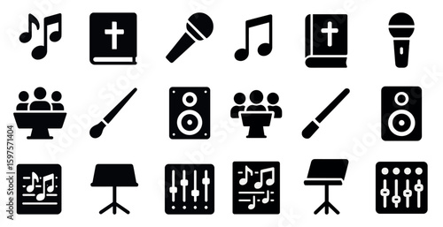 Music and worship solid icons set – filled, religious, audio symbols