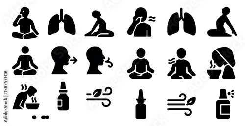 Breathing exercise solid icons set – filled, wellness and relaxation symbols