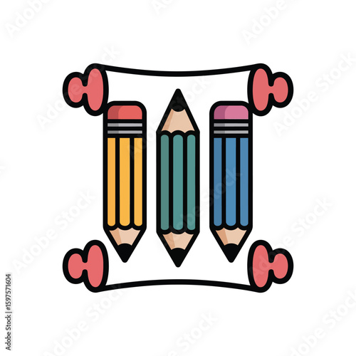 Three sharpened colored pencils attached to a string with pushpins on a white background