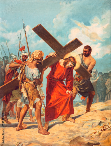 Alessandria - The painting Simon of Cyrene helps Jesus carry the cross as part of Cross way stations in the church Chiesa di Santo Stefano by Luigi Morgari from 20. cent.