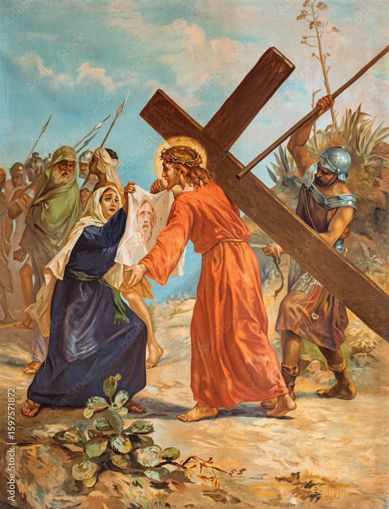 Obraz premium Alessandria - The painting Veronica wipes the face of Jesus as part of Cross way stations in the church Chiesa di Santo Stefano by Luigi Morgari from 20. cent.