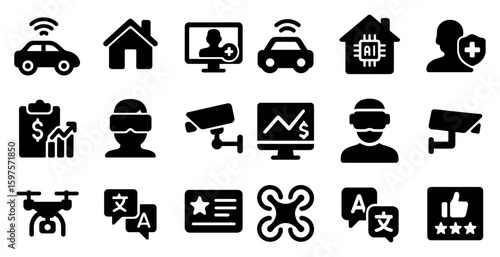 Smart home and tech silhouette icons set – solid, digital, gadget symbols