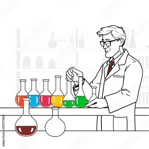 A chemist choosing colored flasks in a bright lab
