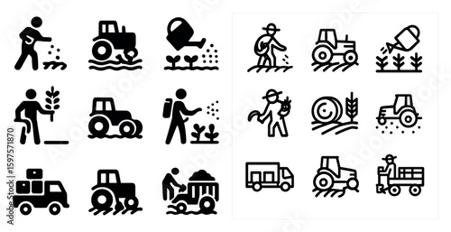 Agriculture and farming filled icons set – solid, harvest, rural lifestyle graphics