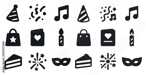 Party and celebration solid icons set – flat, filled, festive event symbols
