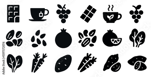 Plant-based food icons set in solid style – organic, vegan, vegetarian graphics