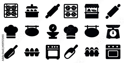 Bakery and cooking solid icons set – flat, filled, kitchen and chef symbols