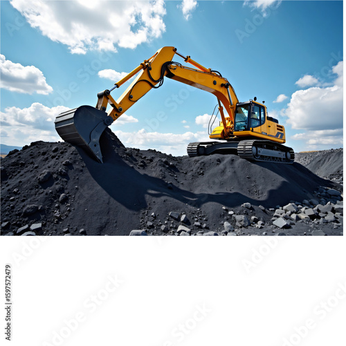 An excavator is digging in the coal mine, with a blue sky and white clouds above it 