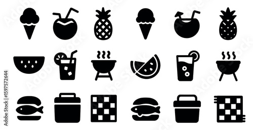 Food and drinks silhouette icons set – solid, filled, culinary and beverage symbols