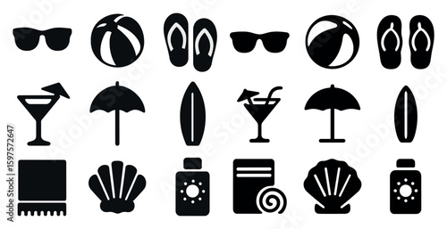 Beach and summer silhouette icons set – vacation symbols, seaside, holiday graphics