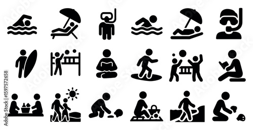 Outdoor activities silhouette icons set – solid, filled, leisure and hobby symbols