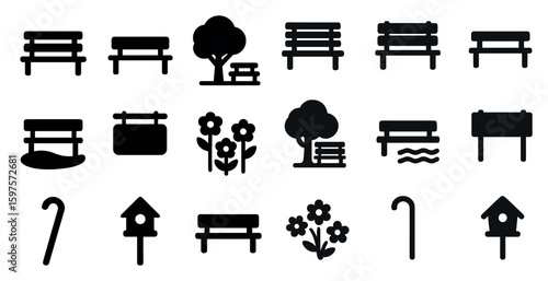 Park elements solid icons set – silhouette, filled, recreational and outdoor symbols