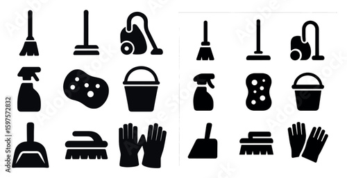 Cleaning tools solid icons set – silhouette, filled, housekeeping symbols