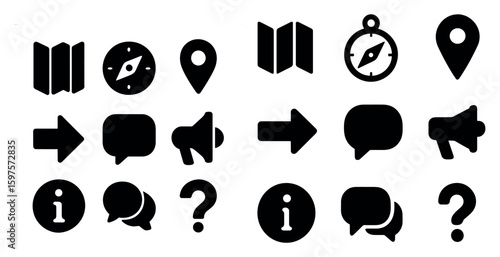 Travel and navigation silhouette icons set – map, compass, direction symbols