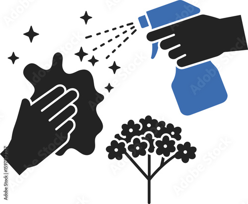 Suit dry-cleaning icon with protective hands and arrows