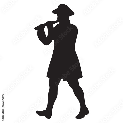 Silhouette of Colonial Musician Playing Flute, Vintage Black Outline Art