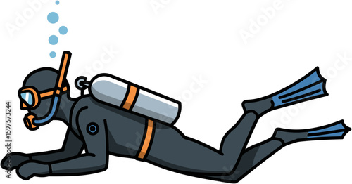 Scuba diver exploring seabed in black wetsuit flat icon