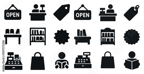 Retail and shopping silhouette icons set – sale, commerce, and merchandising symbols