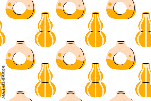 Seamless pattern with round and striped ceramic vases in beige and yellow colors on white background