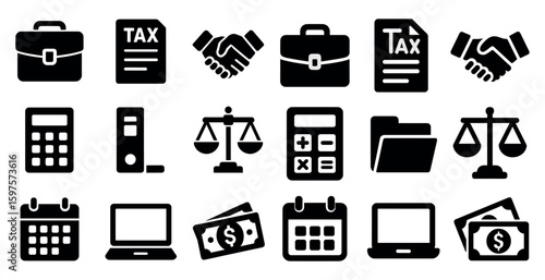 Business and finance solid icons set – filled, accounting, financial symbols