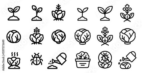 Gardening and plants icons set - outline, line, horticulture and botanical symbols