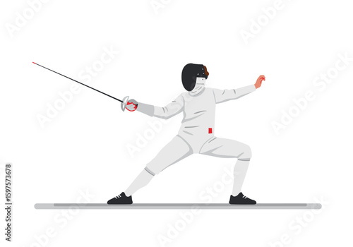 A fencer in white uniform mask and weapon striking a pose on a gray platform