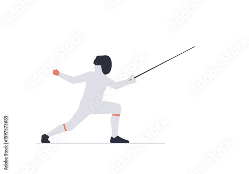 A fencer in white suit and black mask extends a foil in a competitive stance on a white background