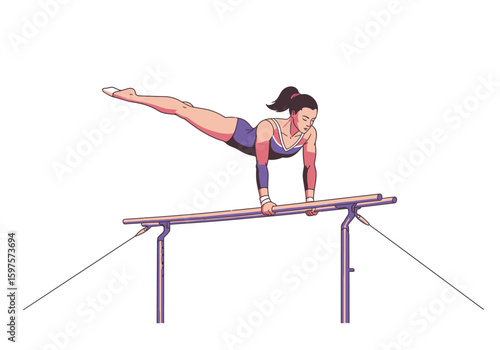 A gymnast performs on parallel bars in a pose of strength and balance