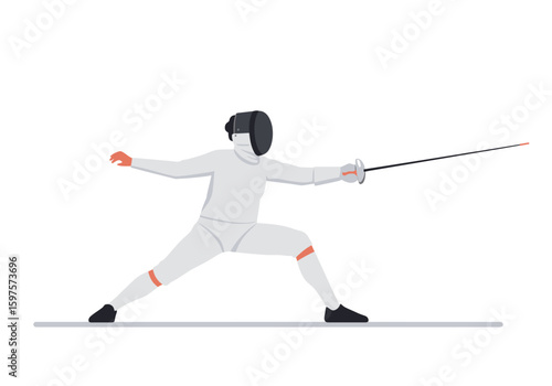 A fencer lunges with a foil face obscured by a dark mask