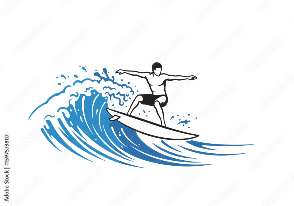 Fototapeta premium A surfer rides a wave arms outstretched on a white board Water sprays around the board
