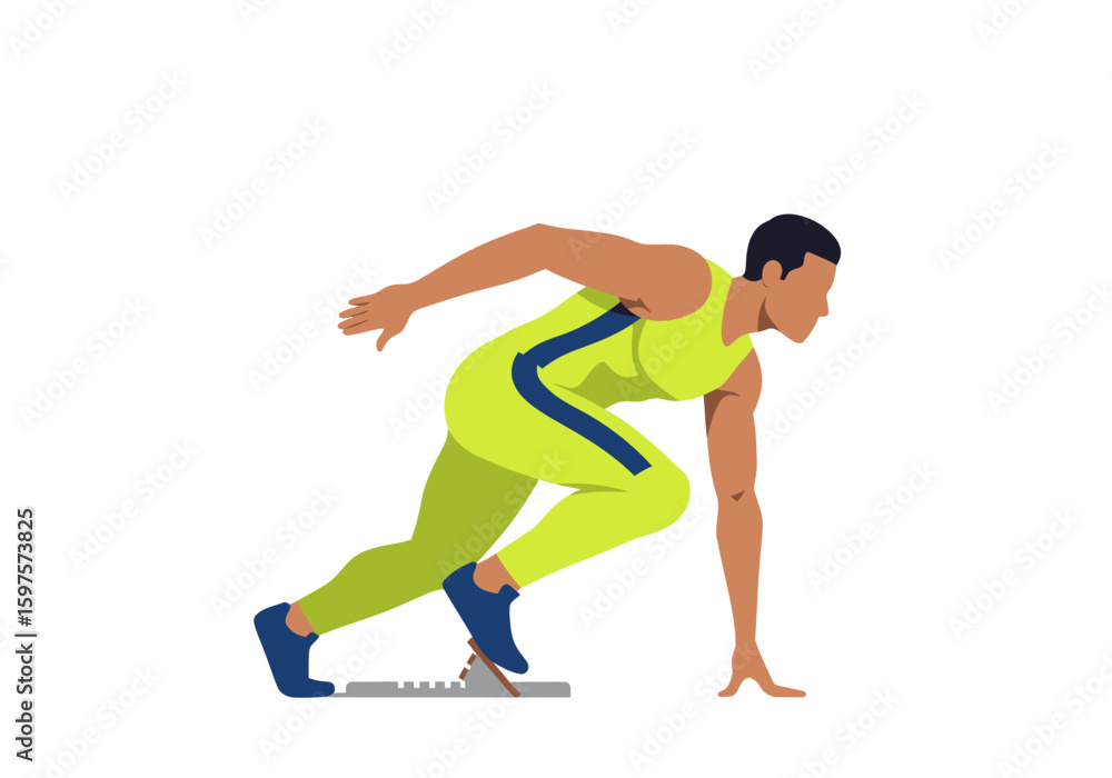 A track athlete in a starting position wearing a neon suit with a blue stripe set against a stark white background A track athlete in a starting position wearing a neon suit with a blue stripe set against a stark white background