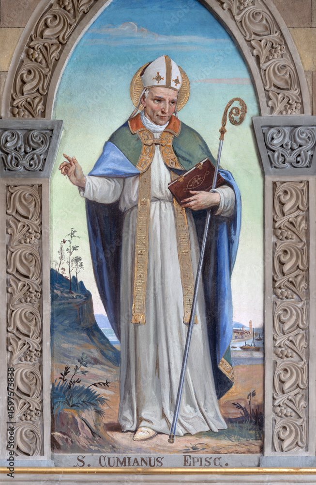 Naklejka premium BOBBIO, ITALY - MAY 20, 2025: The fresco of St. Cumianus in Cathedral (Santa Maria Assunta) by Luigi Morgari from end of 19. cent.