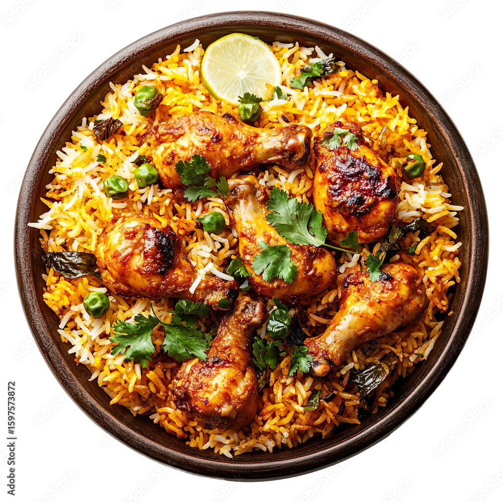 Fototapeta premium Chicken biryani in clay bowl isolated on transparent background