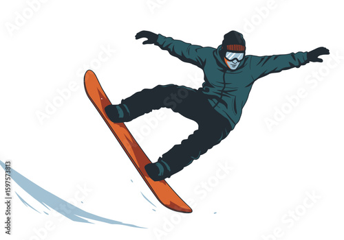 A snowboarder in midair wearing a hat and goggles arms outstretched against a white background