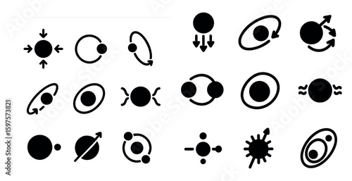 Physics and astronomy solid icons set – filled, science, space exploration symbols