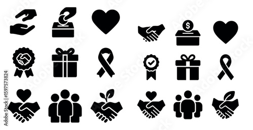 Charity and donation icons set - solid, filled, nonprofit and fundraising symbols