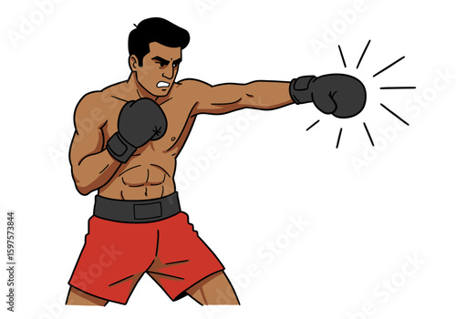 Animated boxer strikes with his right fist muscles defined shorts red gloves black