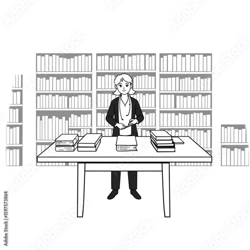 A librarian displaying new arrivals on a central table