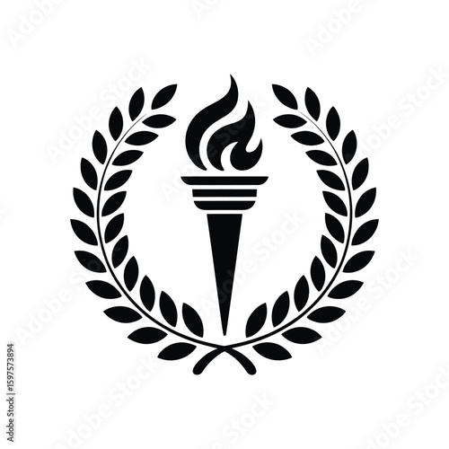 Black and white silhouette of a torch of freedom surrounded by a laurel wreath