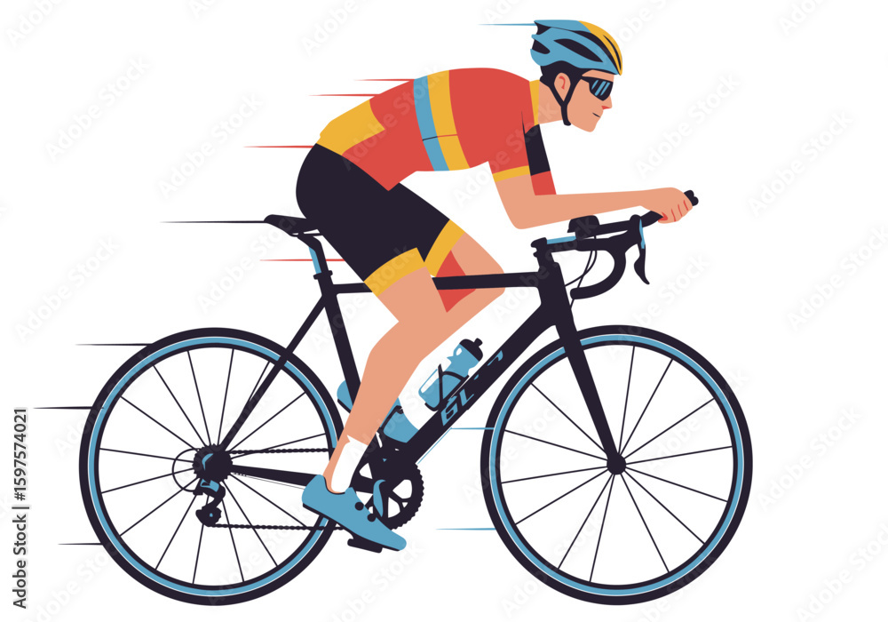Fototapeta premium Cyclist in motion on a black road bike red and yellow jersey blue wheels helmet